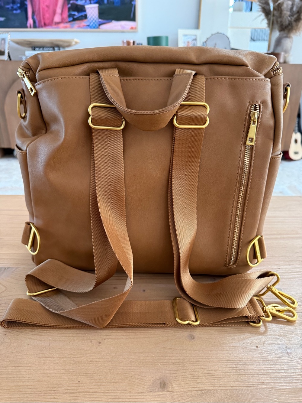New. Fawn Design Tan Leather Backpack Diaper Bag - Picture 7 of 12